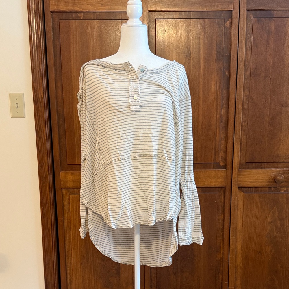 We The Free Cream and Gray Striped Button Down Shirt